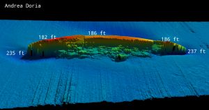 Andrea Doria profile view with water depths.